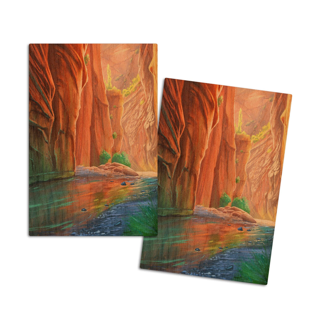 Zion National Park, Utah, The Narrows, Oil Painting, Lantern Press Artwork, Wood Signs and Postcards Wood Lantern Press 4x6 Wood Postcard Set 