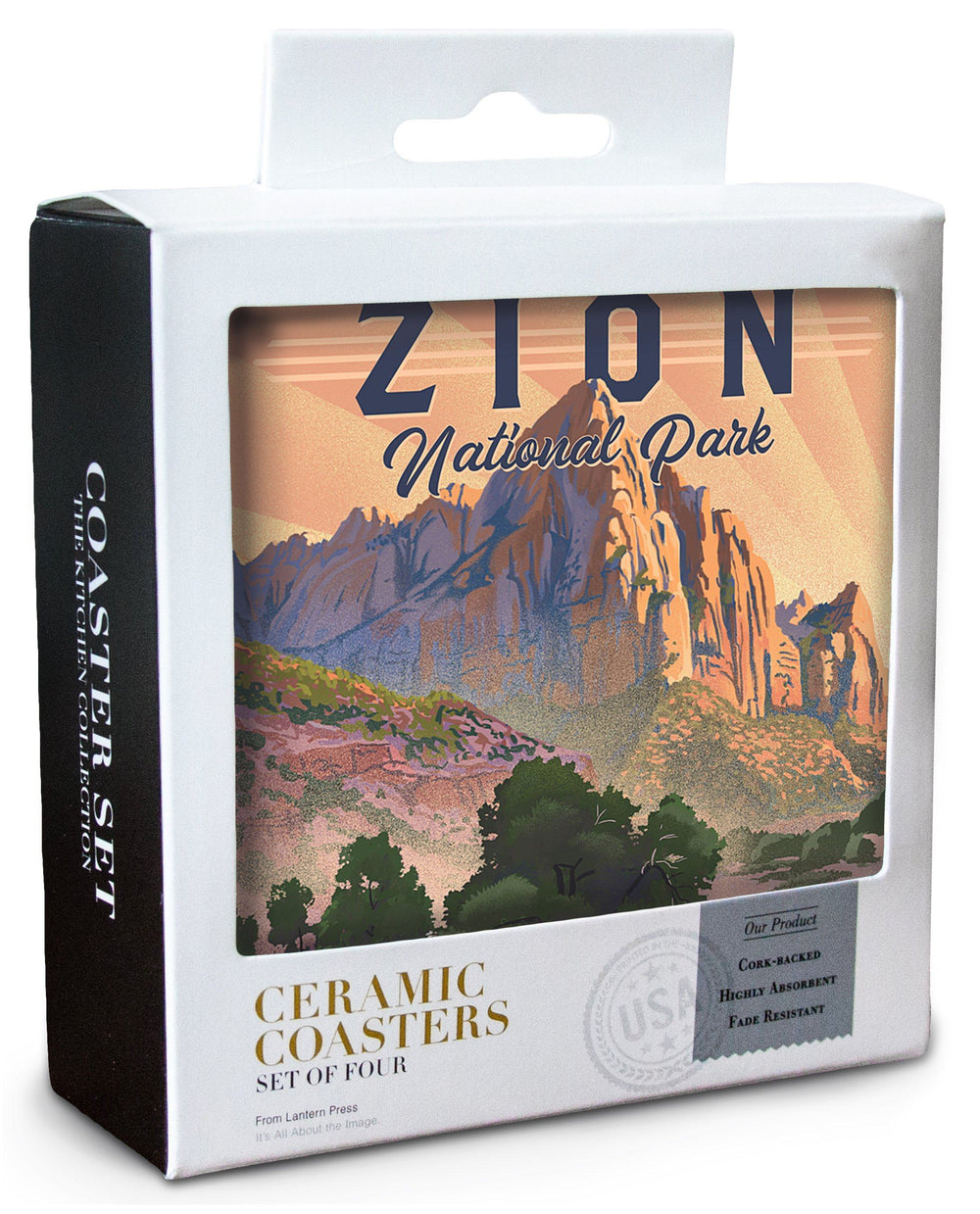 Zion National Park, Utah, The Watchman, Lithograph National Park Series, Lantern Press Artwork, Coaster Set Coasters Lantern Press 