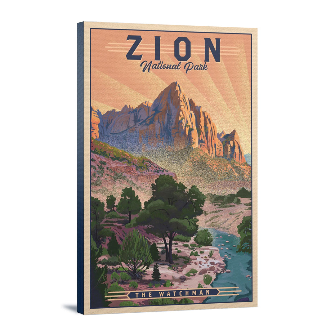 Zion National Park, Utah, The Watchman, Lithograph National Park Series, Lantern Press Artwork, Stretched Canvas Canvas Lantern Press 12x18 Stretched Canvas 