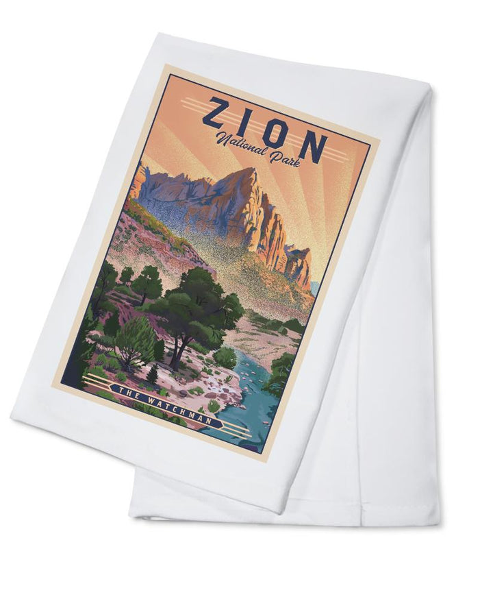 Zion National Park, Utah, The Watchman, Lithograph National Park Series, Lantern Press Artwork, Towels and Aprons Kitchen Lantern Press Cotton Towel 