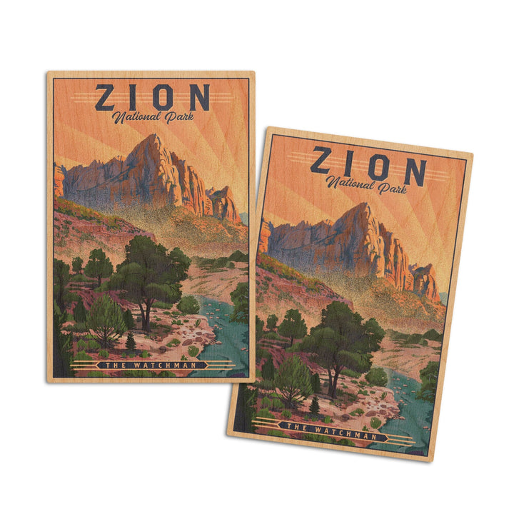 Zion National Park, Utah, The Watchman, Lithograph National Park Series, Lantern Press Artwork, Wood Signs and Postcards Wood Lantern Press 4x6 Wood Postcard Set 