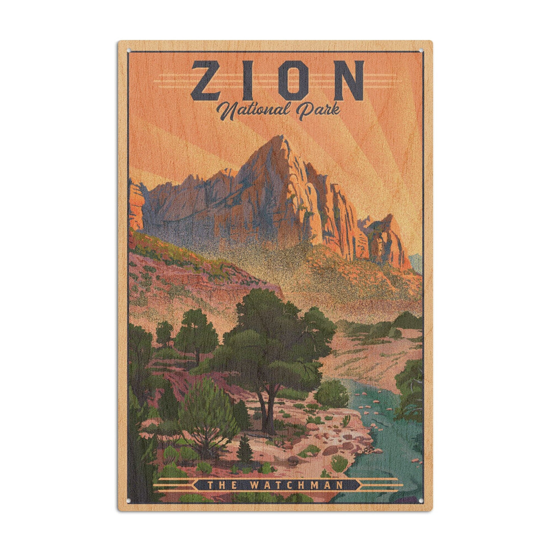 Zion National Park, Utah, The Watchman, Lithograph National Park Series, Lantern Press Artwork, Wood Signs and Postcards Wood Lantern Press 6x9 Wood Sign 