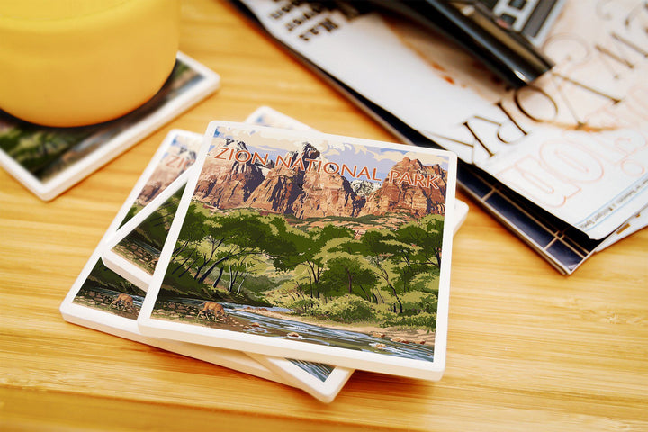 Zion National Park, Utah, Virgin River & Peaks, Lantern Press Artwork, Coaster Set Coasters Lantern Press 