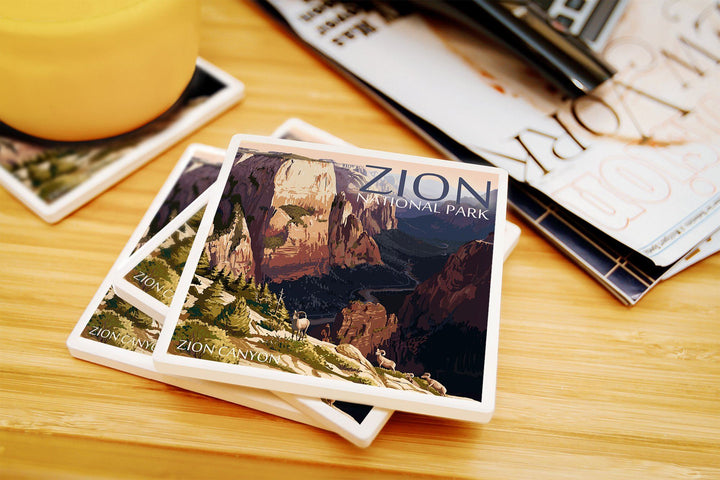 Zion National Park, Utah, Zion Canyon Sunset, Lantern Press Artwork, Coaster Set Coasters Lantern Press 