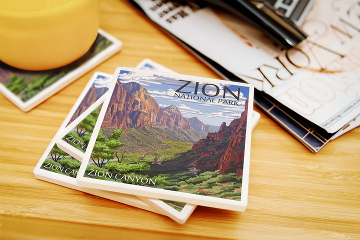 Zion National Park, Utah, Zion Canyon View, Lantern Press Artwork, Coaster Set Coasters Lantern Press 