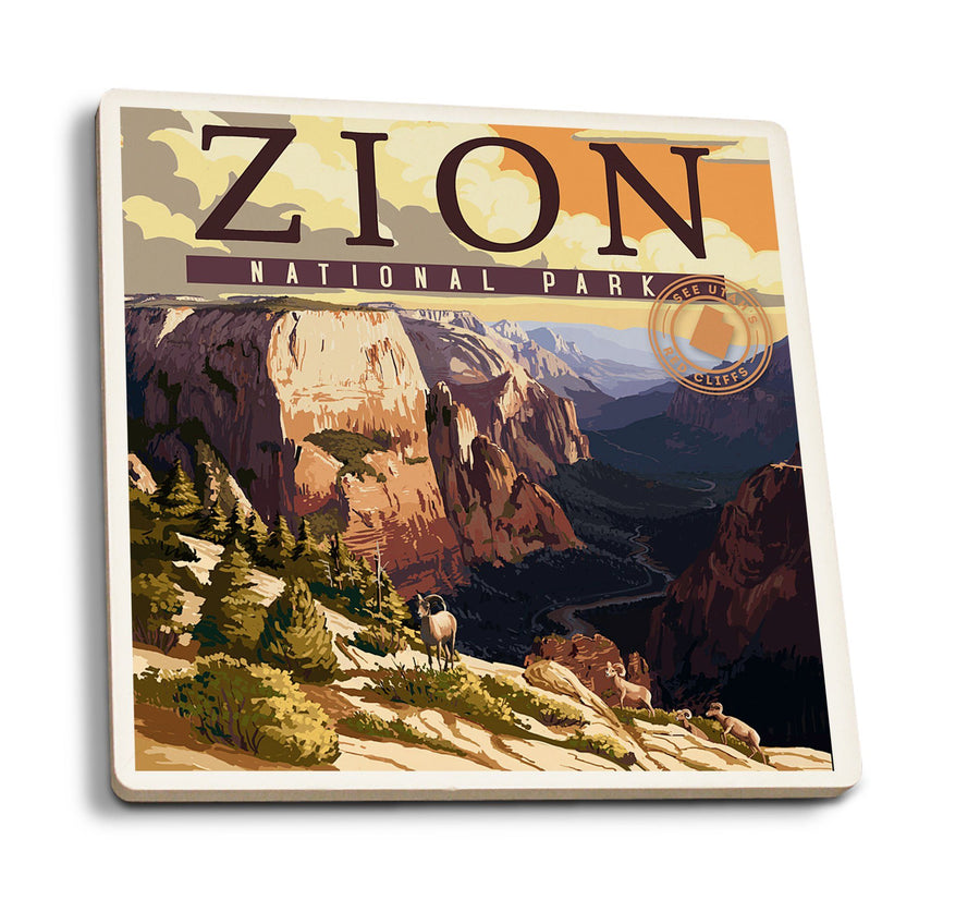 Zion National Park, Zion Canyon Sunset, Typography, Lantern Press Artwork, Coaster Set Coasters Lantern Press 