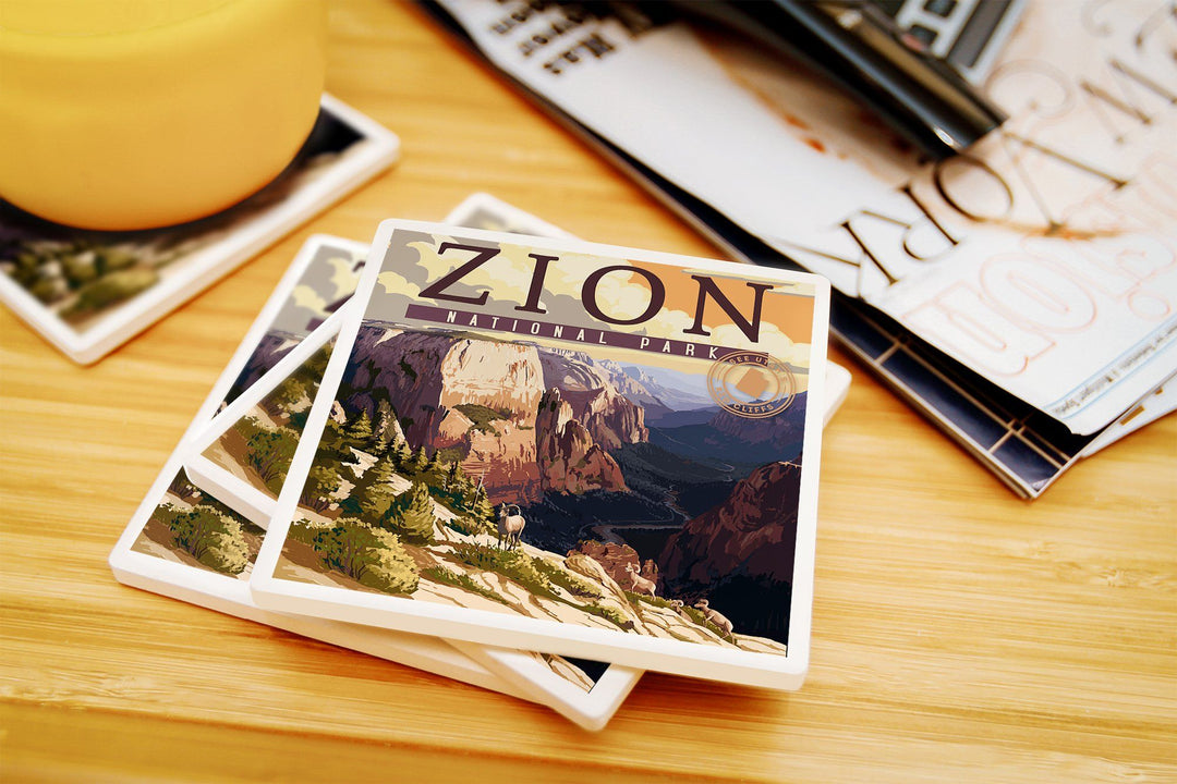 Zion National Park, Zion Canyon Sunset, Typography, Lantern Press Artwork, Coaster Set Coasters Lantern Press 