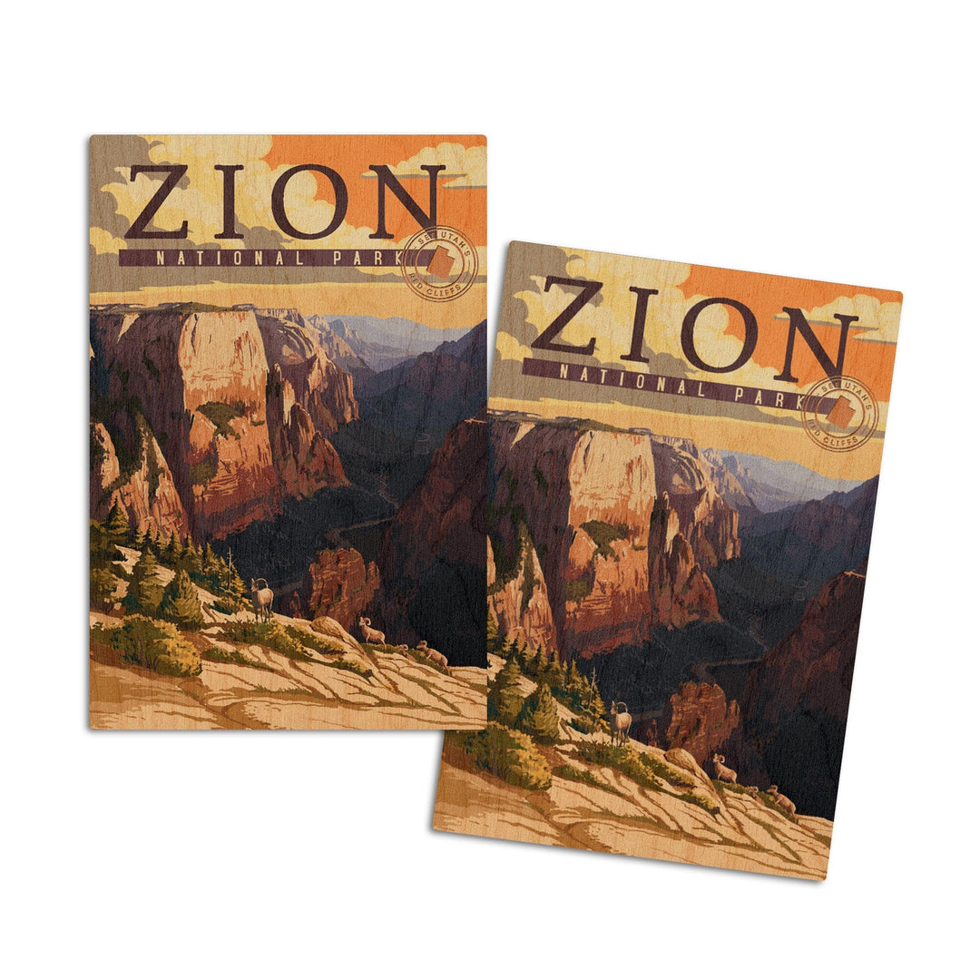 Zion National Park, Zion Canyon Sunset, Typography, Lantern Press Artwork, Wood Signs and Postcards Wood Lantern Press 4x6 Wood Postcard Set 