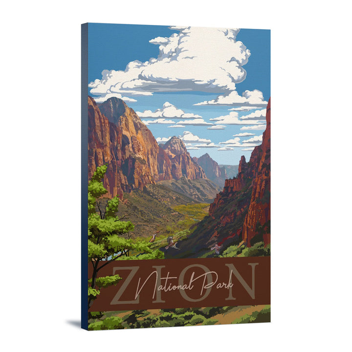 Zion National Park, Zion Canyon View, Typography, Lantern Press Artwork, Stretched Canvas Canvas Lantern Press 12x18 Stretched Canvas 