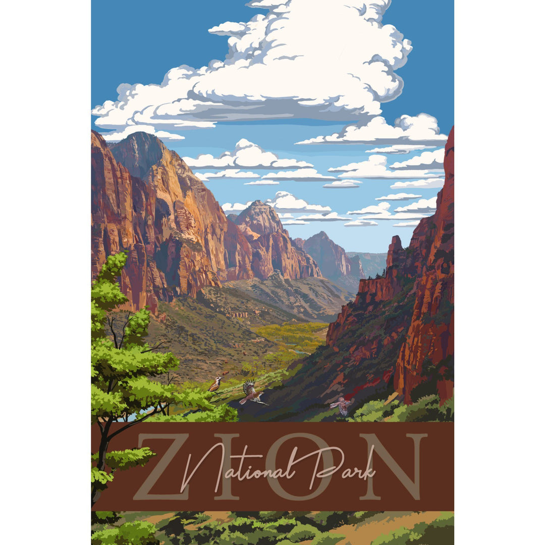 Zion National Park, Zion Canyon View, Typography, Lantern Press Artwork, Stretched Canvas Canvas Lantern Press 
